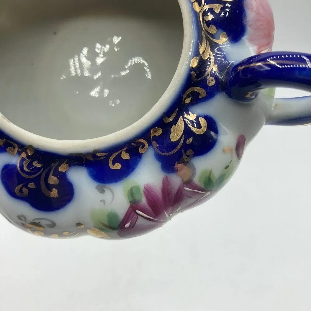 Antique Nippon Flow Blue Floral Creamer & Lidded Sugar Bowl Set Melon Gold Gilt
